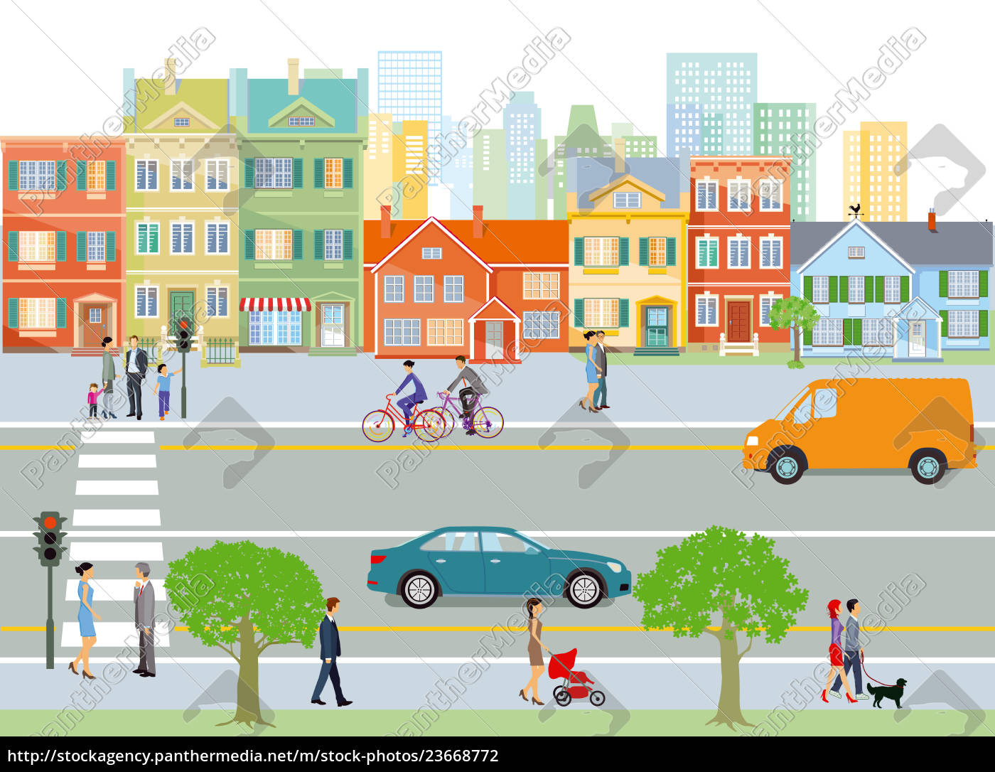 Stadt mit Straßenverkehr und Fußgänger Illustration Lizenzfreies Foto