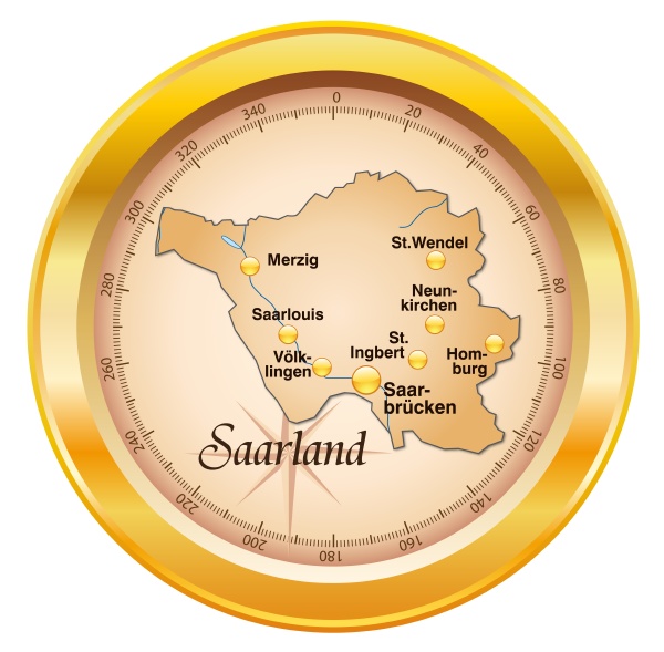 Karte von Saarland als Übersichtskarte in Gold - Lizenzfreies Foto