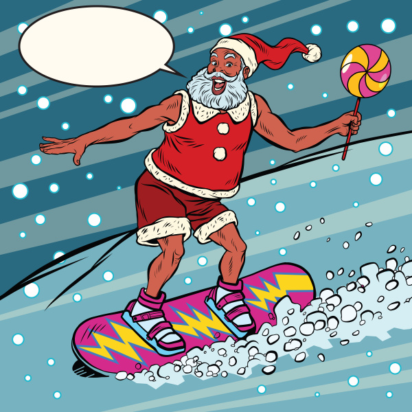 moderne weihnachtsmann reitet auf einem snowboard