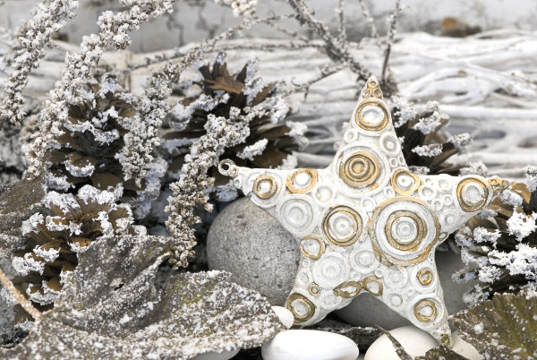 weisser weihnachtsstern mit goldener dekoration auf
