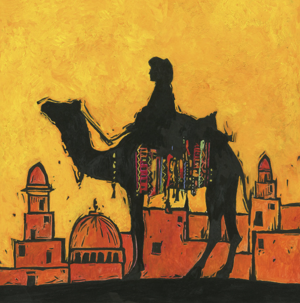 silhouette von kamel und reiter gegen