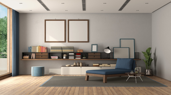 minimalistisches wohnzimmer mit sideboard und chaiselongue