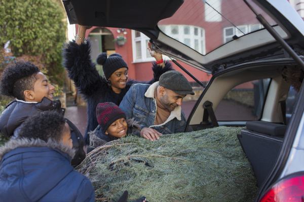 familie laedt weihnachtsbaum ins auto