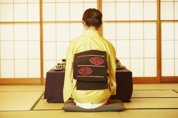 rueckansicht einer jungen frau im kimono