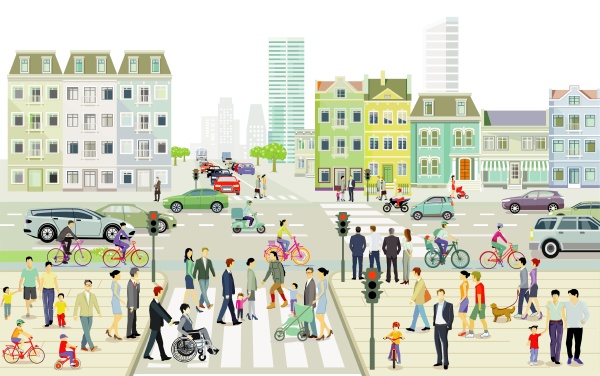 stadtlandschaft mit strassenverkehr und fussgaengern illustration