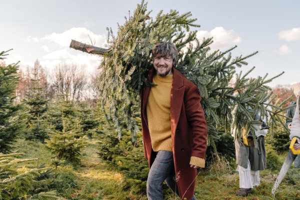 mann traegt weihnachtsbaum auf schulter auf