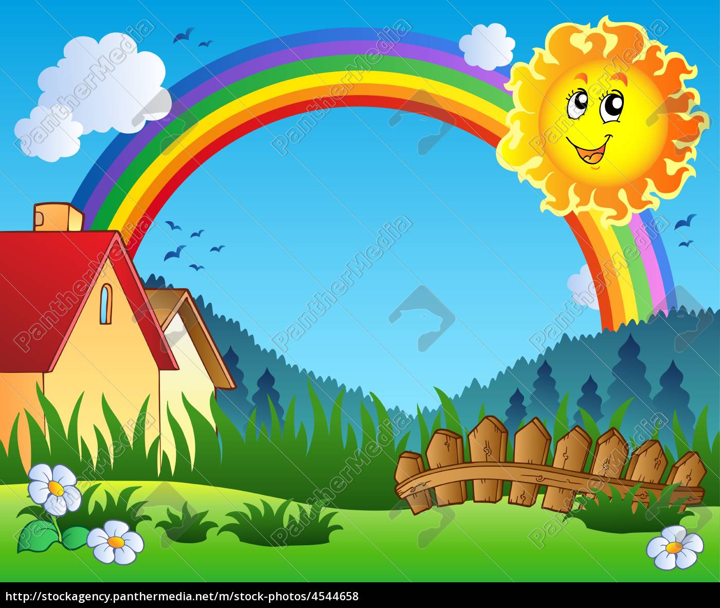 Landschaft Mit Sonne Und Regenbogen Stockfoto Bildagentur Panthermedia