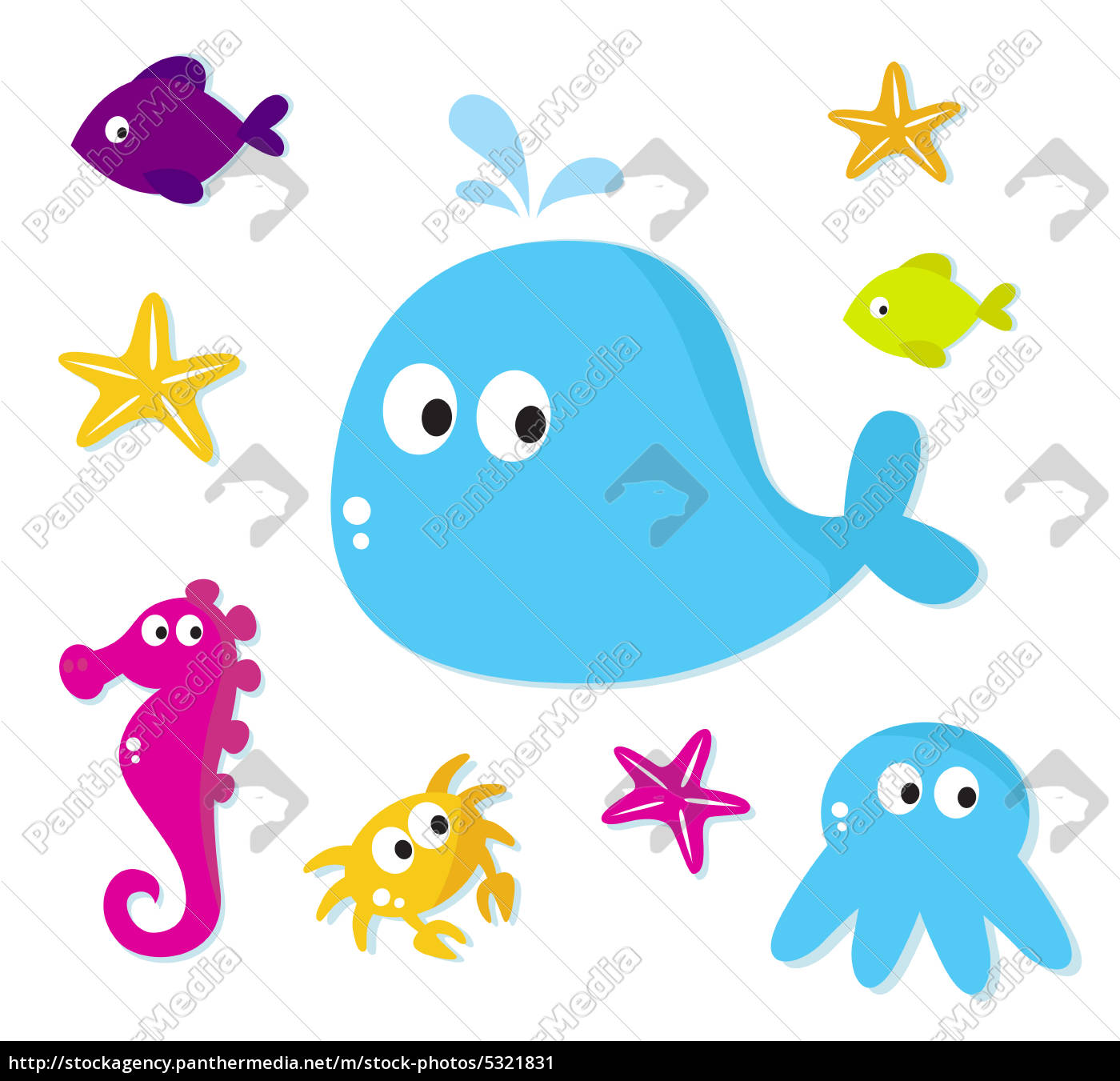 Cartoon Meer Fische Und Tiere Symbole Auf Weissem Lizenzfreies