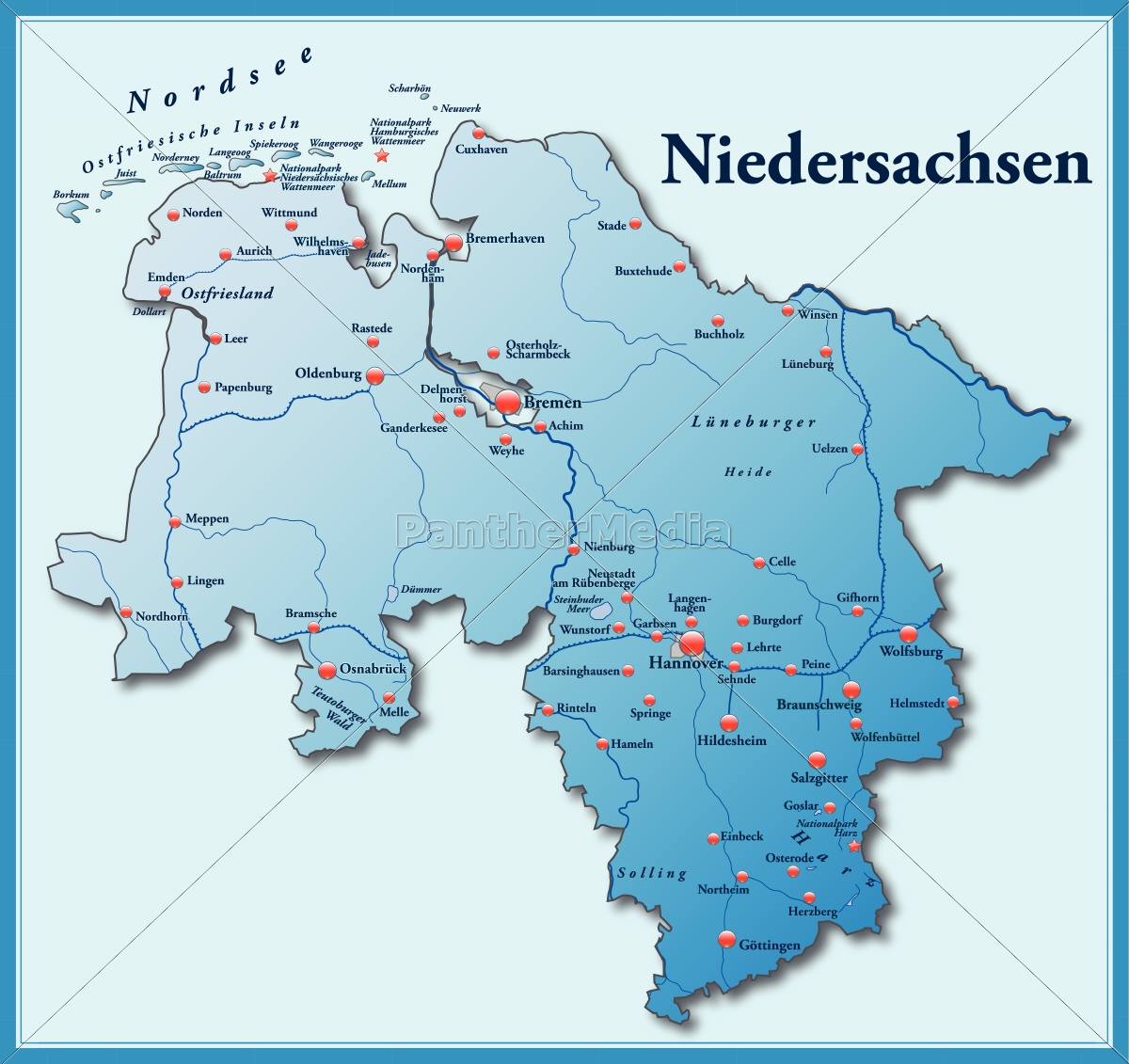 Karte von Niedersachsen als Übersichtskarte in Blau - Lizenzfreies Bild