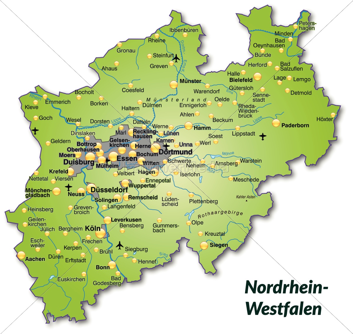 Karte von Nordrhein-Westfalen als Übersichtskarte in ...