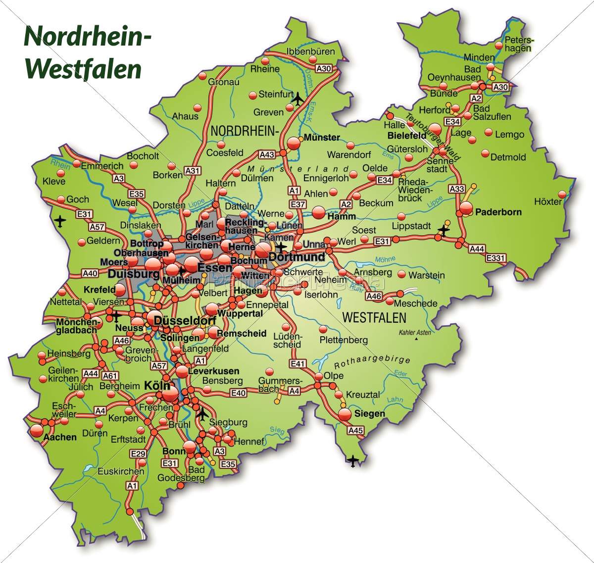 Karte von Nordrhein-Westfalen mit Verkehrsnetz ...