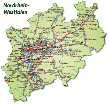Karte von Nordrhein-Westfalen mit Verkehrsnetz in - Lizenzfreies Bild