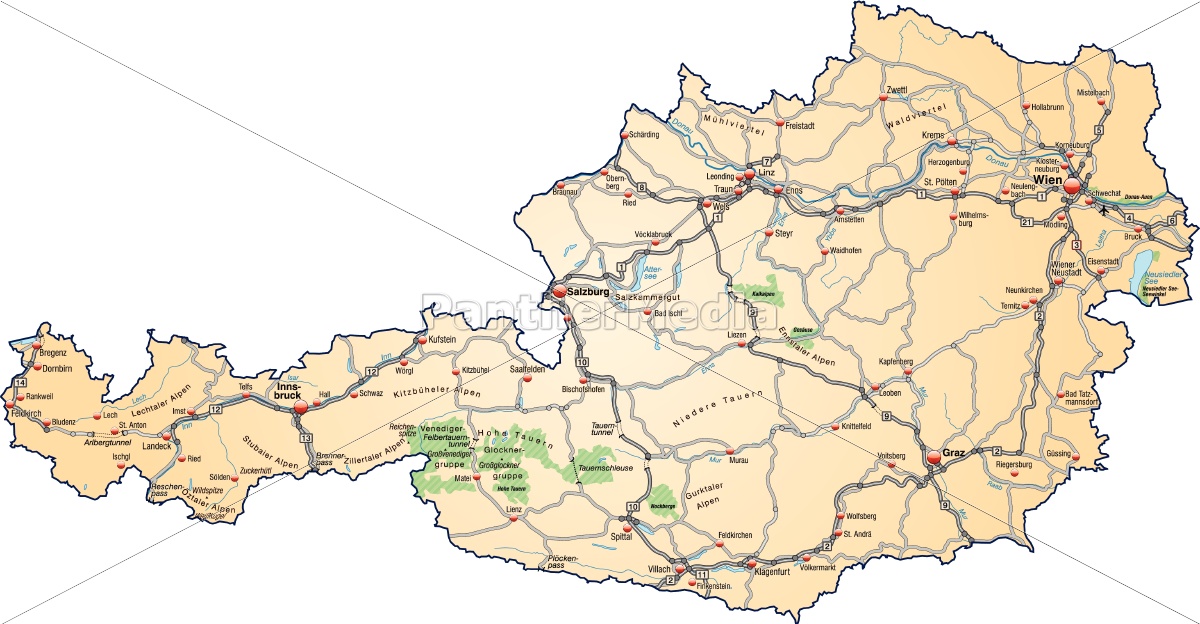 Karte von Oesterreich mit Verkehrsnetz in - Lizenzfreies Bild