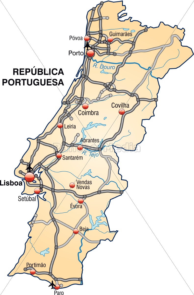 Karte von Portugal mit Verkehrsnetz in Pastellorange - Lizenzfreies