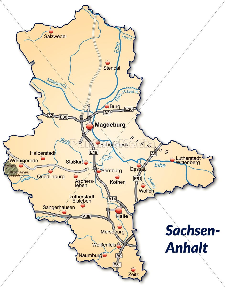 Karte von Sachsen-Anhalt mit Verkehrsnetz in - Lizenzfreies Bild