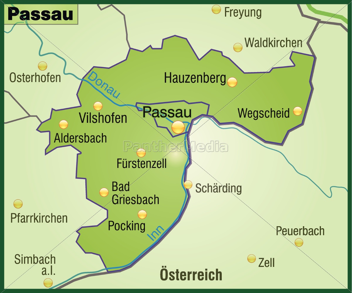 Karte von Passau als Übersichtskarte in Grün - Lizenzfreies Bild