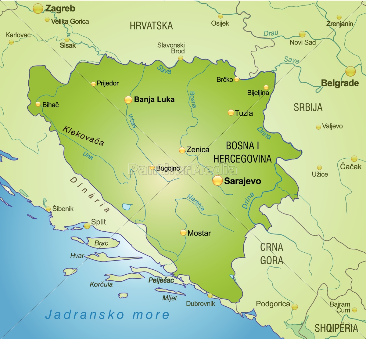 Karte von Bosnien-Herzegowina als Übersichtskarte in - Lizenzfreies