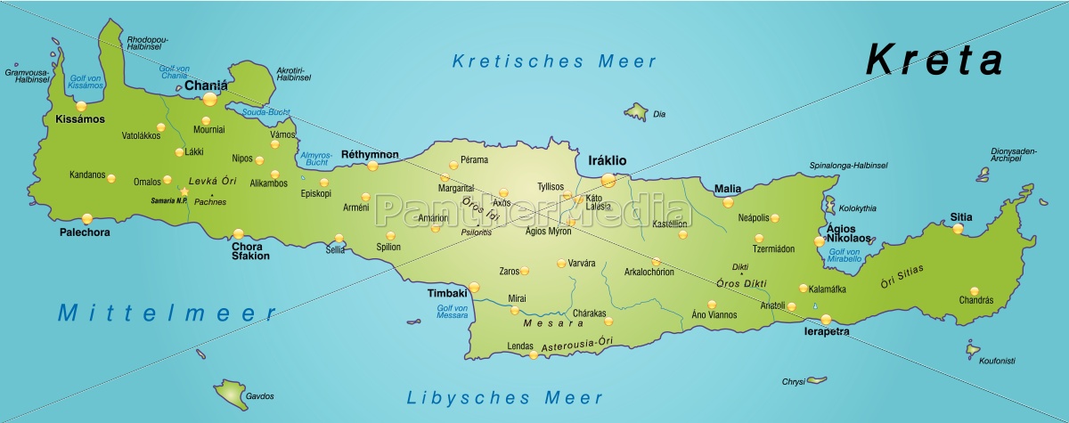 Karte von Kreta als Übersichtskarte in Grün - Stockfoto - #10656183