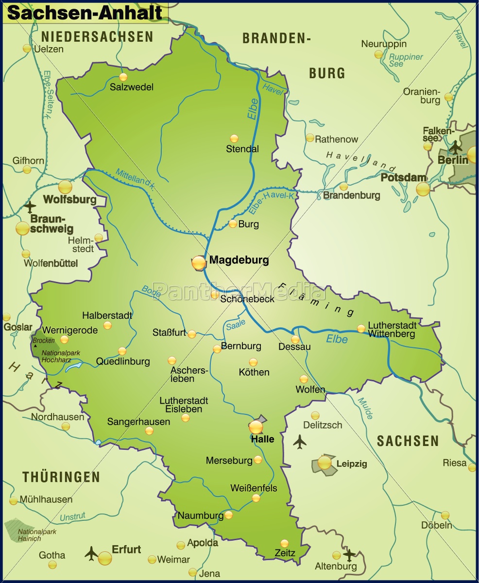 Karte von Sachsen-Anhalt als Übersichtskarte in Grün - Lizenzfreies