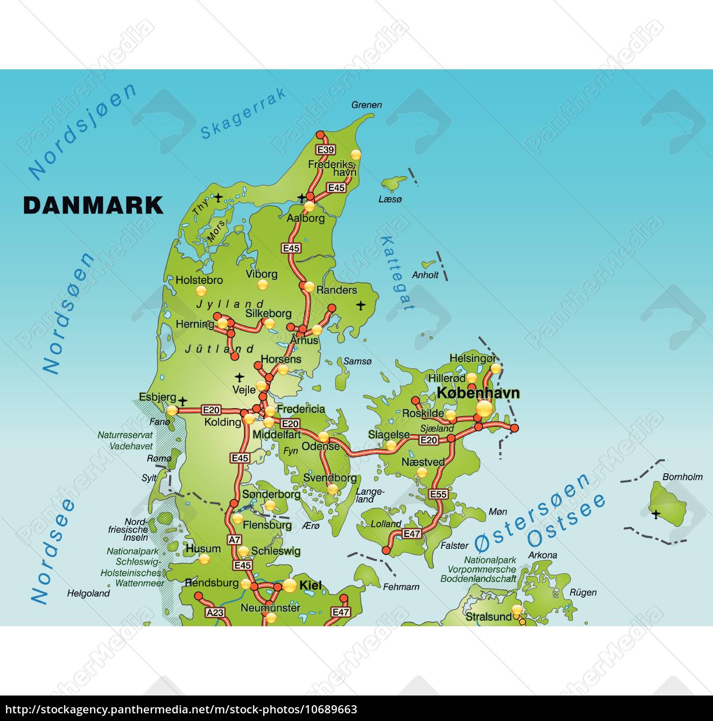 Karte Von Daenemark Mit Verkehrsnetz Stockfoto Bildagentur Panthermedia