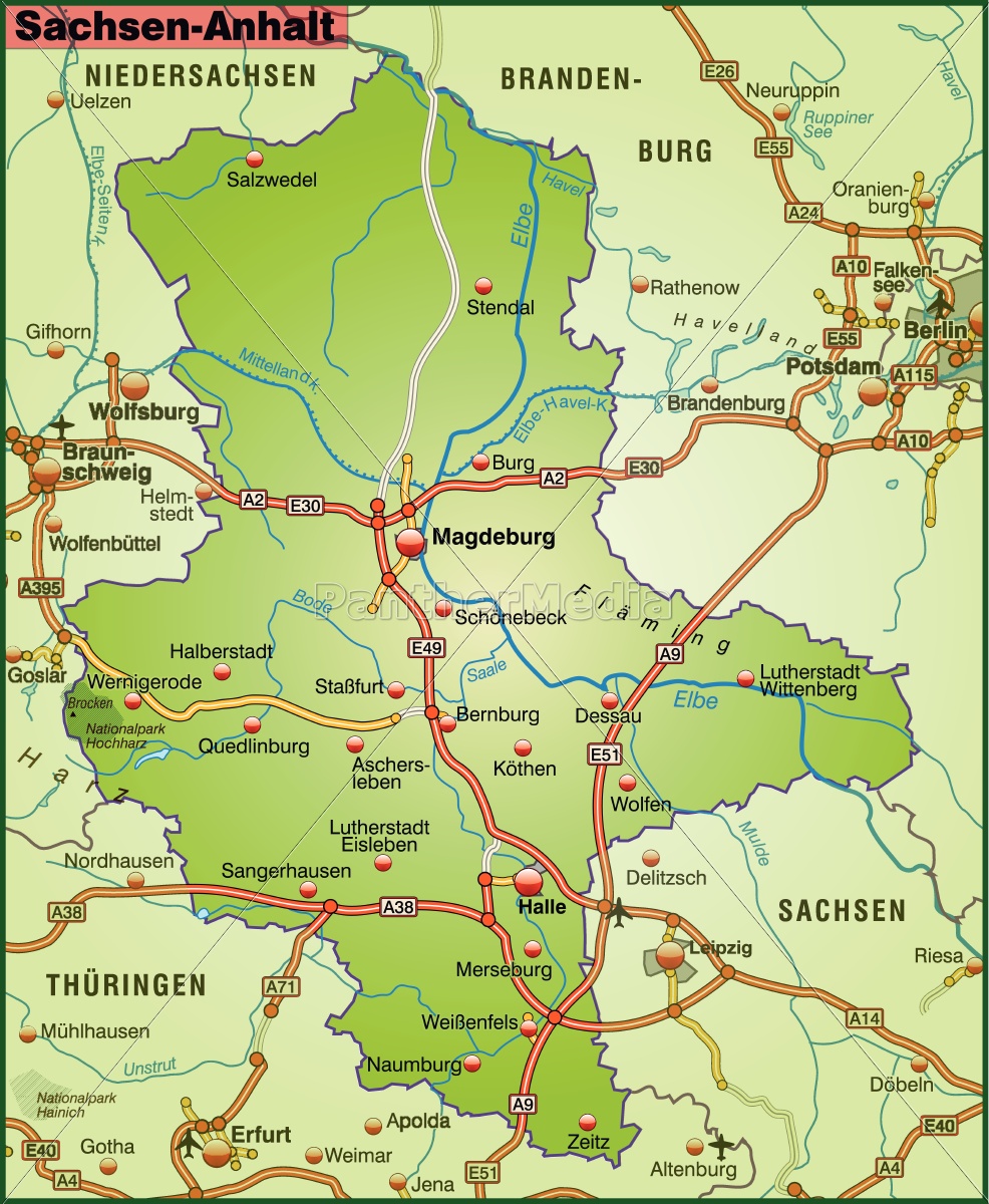 Karte von Sachsen-Anhalt mit Verkehrsnetz - Lizenzfreies ...