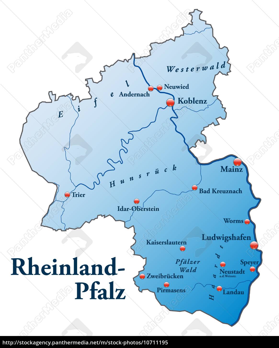 Karte von Rheinland-Pfalz als Übersichtskarte in Blau - Lizenzfreies