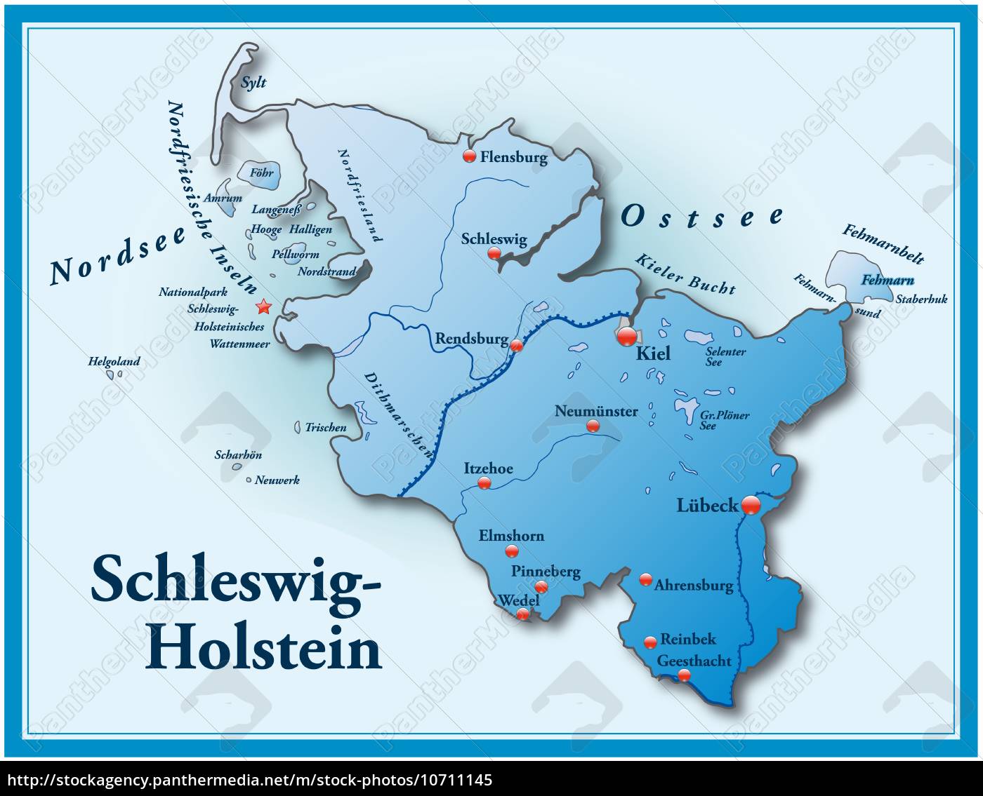 Karte von Schleswig-Holstein als Übersichtskarte in - Lizenzfreies Bild - #10711145 