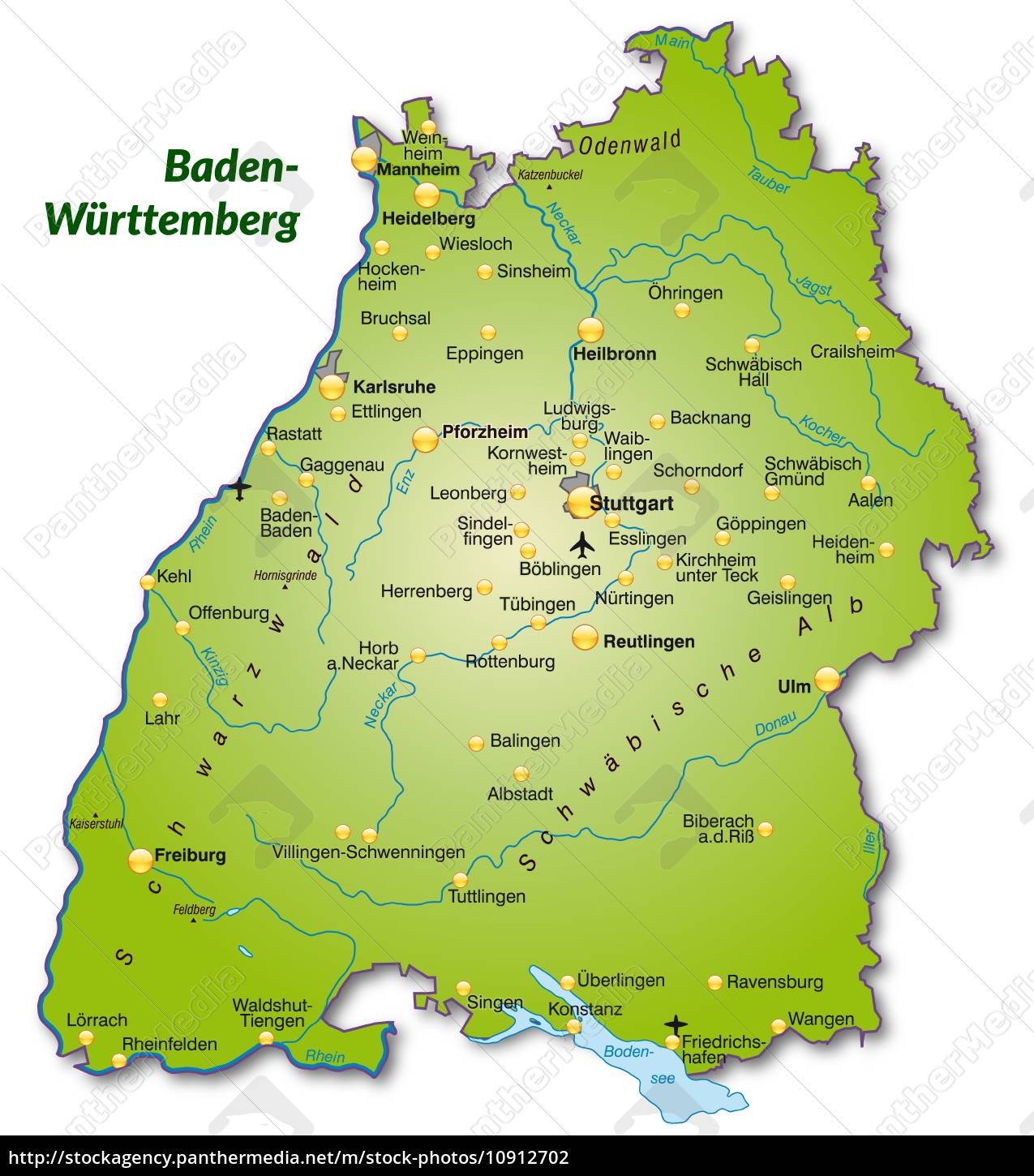 Karte von Baden-Wuerttemberg als Übersichtskarte in ...