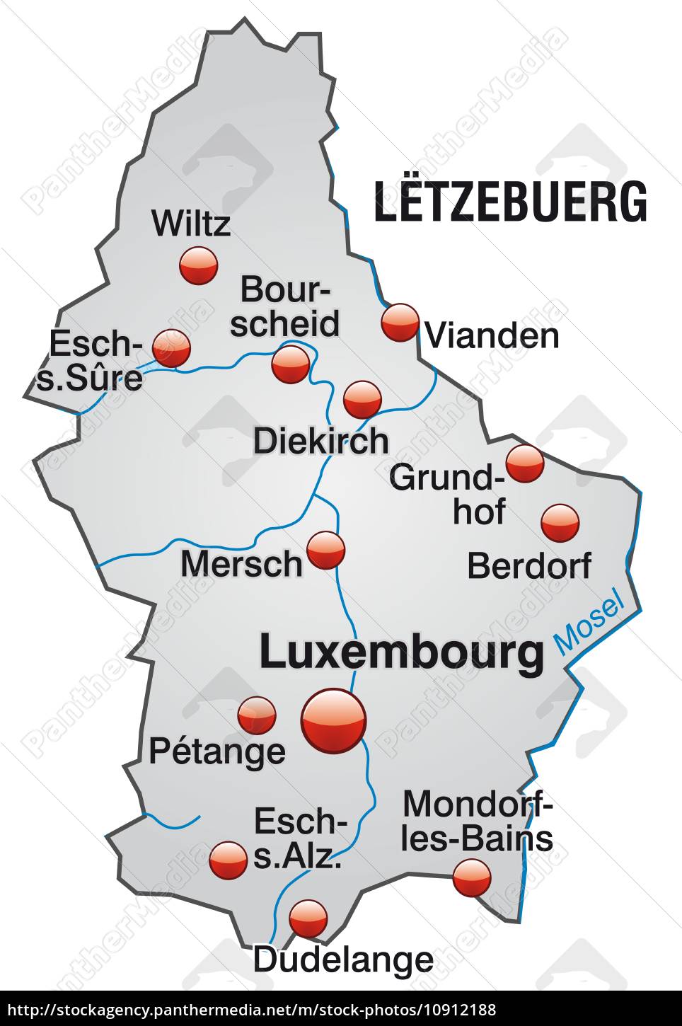 Karte von Luxemburg als Übersichtskarte in Grau - Lizenzfreies Foto