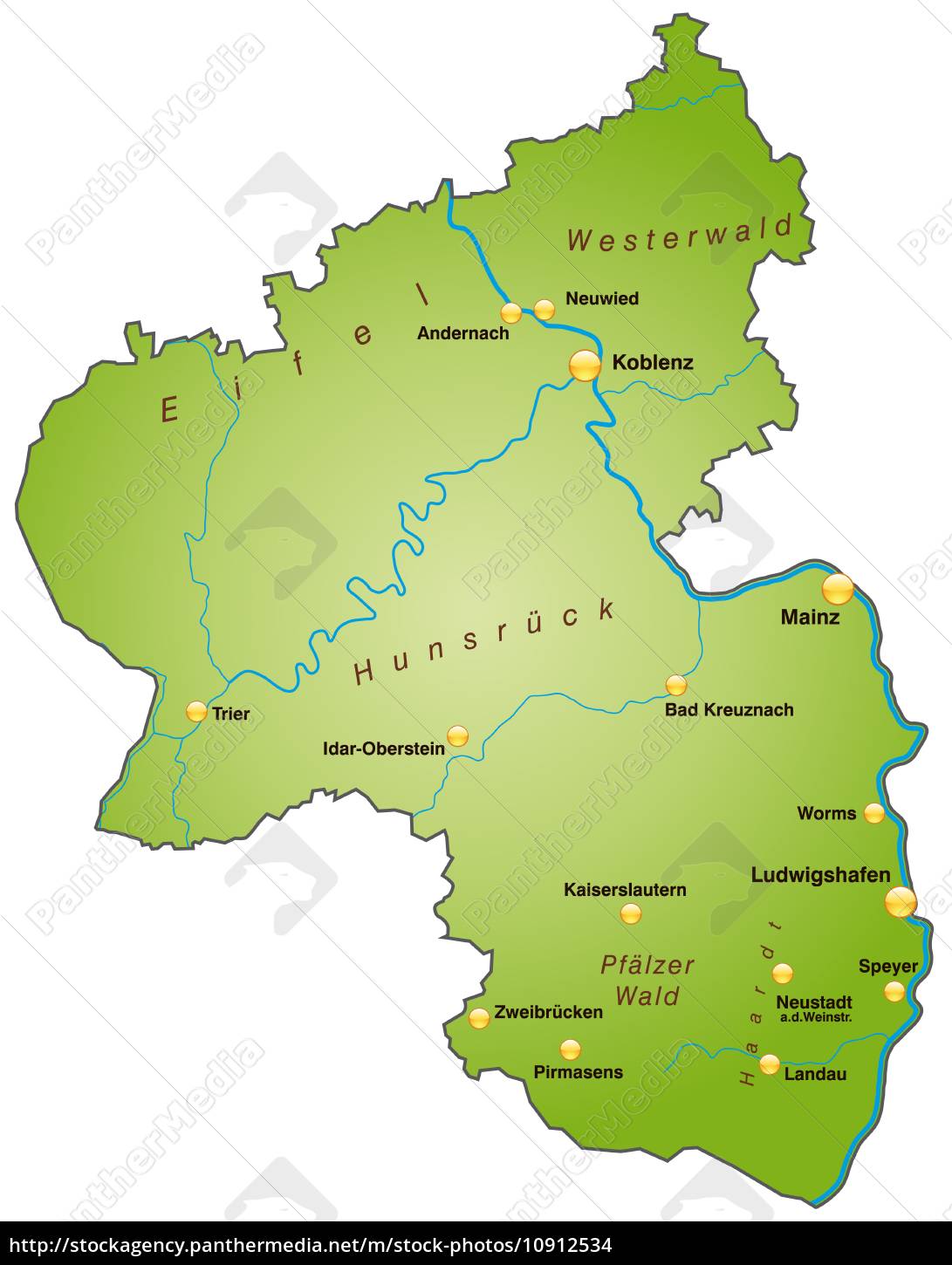 Karte von Rheinland-Pfalz als Übersichtskarte in Grün - Stock Photo - #10912534  Bildagentur 