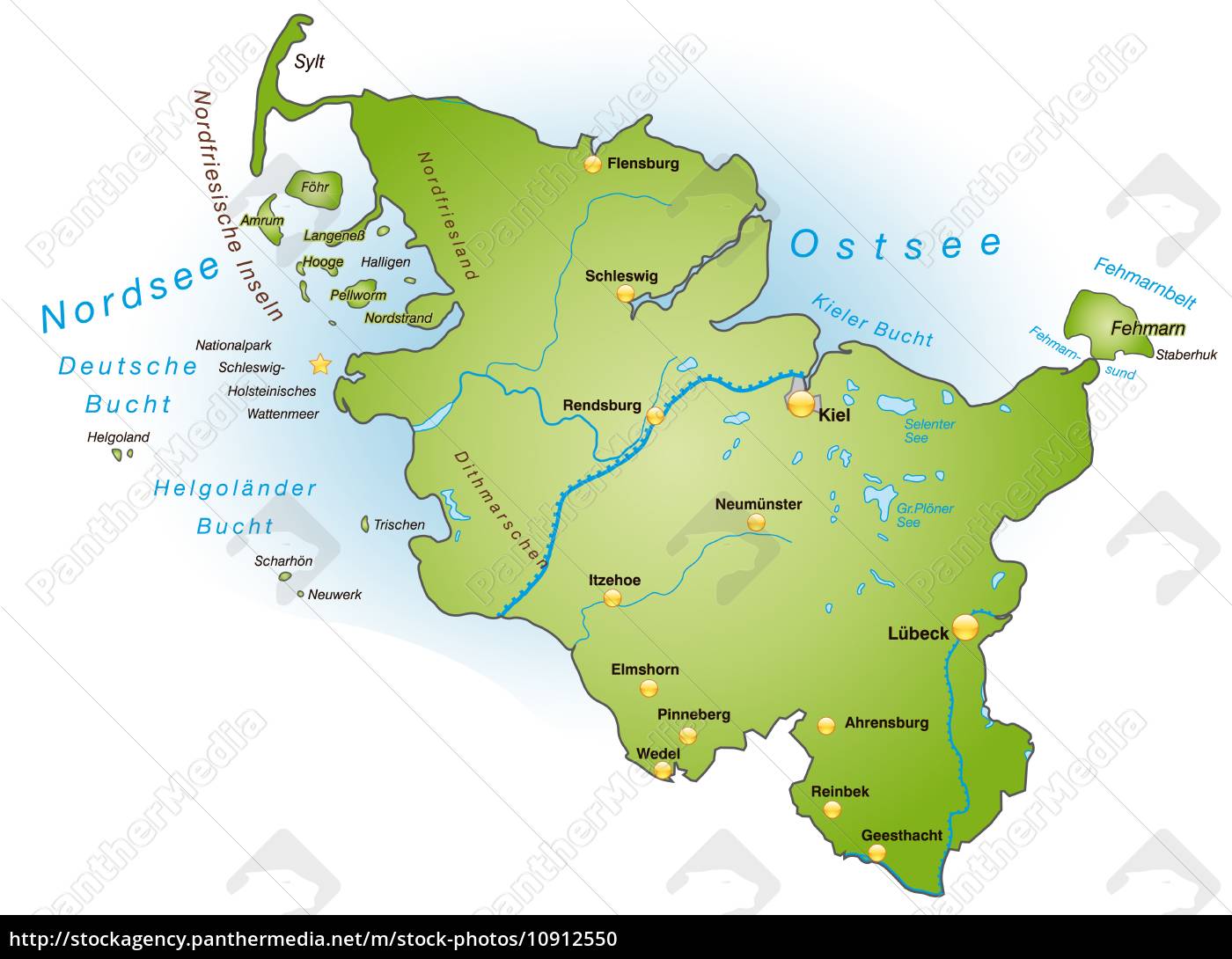 Karte von Schleswig-Holstein als Übersichtskarte in - Stock Photo