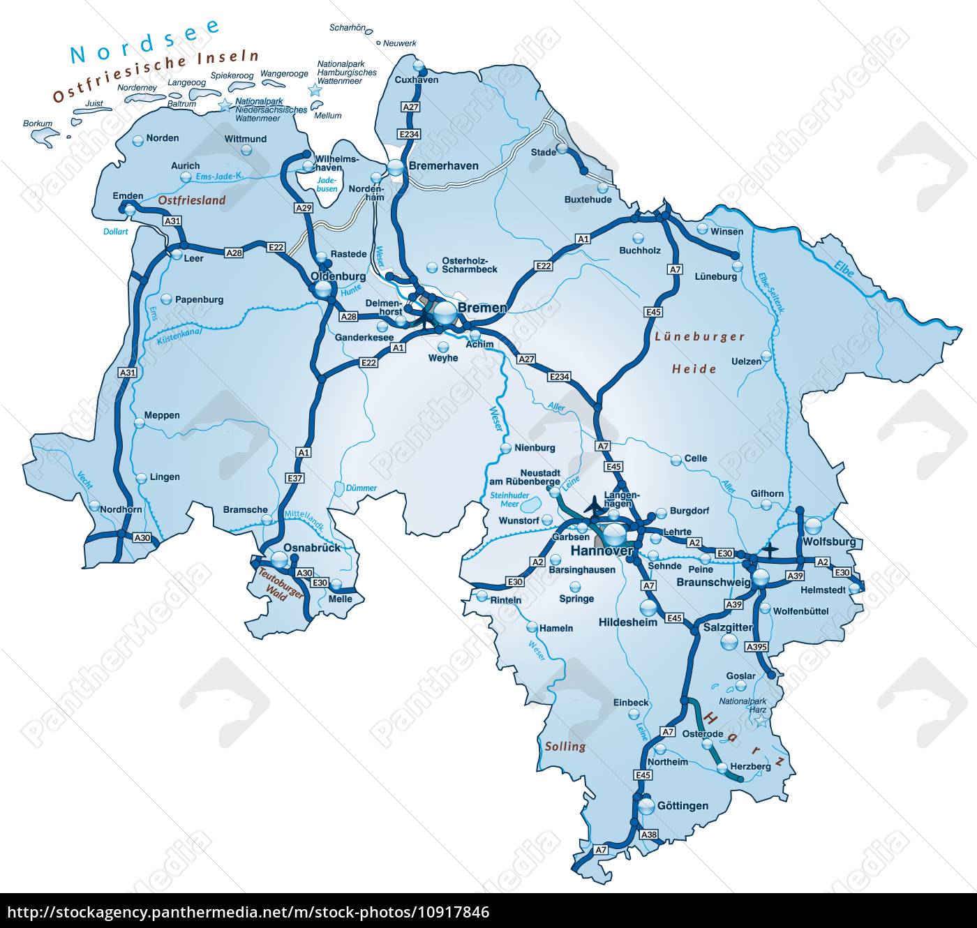 Karte Von Niedersachsen Mit Verkehrsnetz In Blau Stockfoto 10917846 Bildagentur Panthermedia