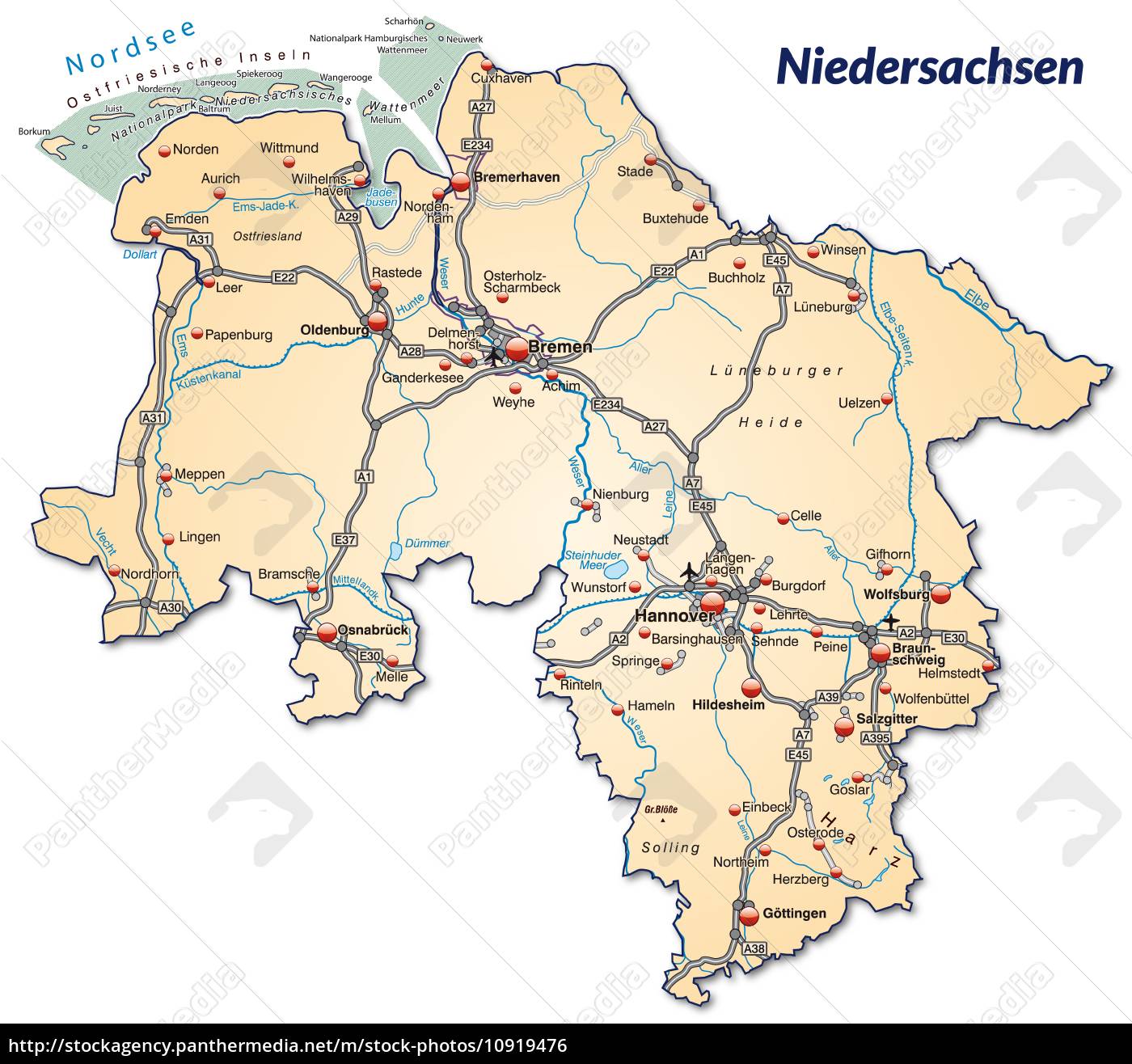 Karte Von Niedersachsen Mit Verkehrsnetz In Lizenzfreies Foto 10919476 Bildagentur Panthermedia