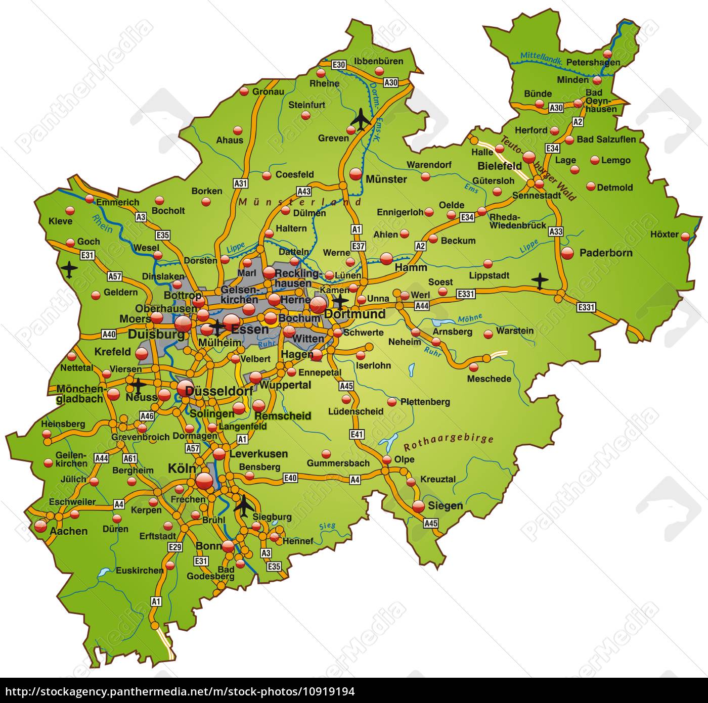 Karte von Nordrhein-Westfalen mit Verkehrsnetz in - Stock ...