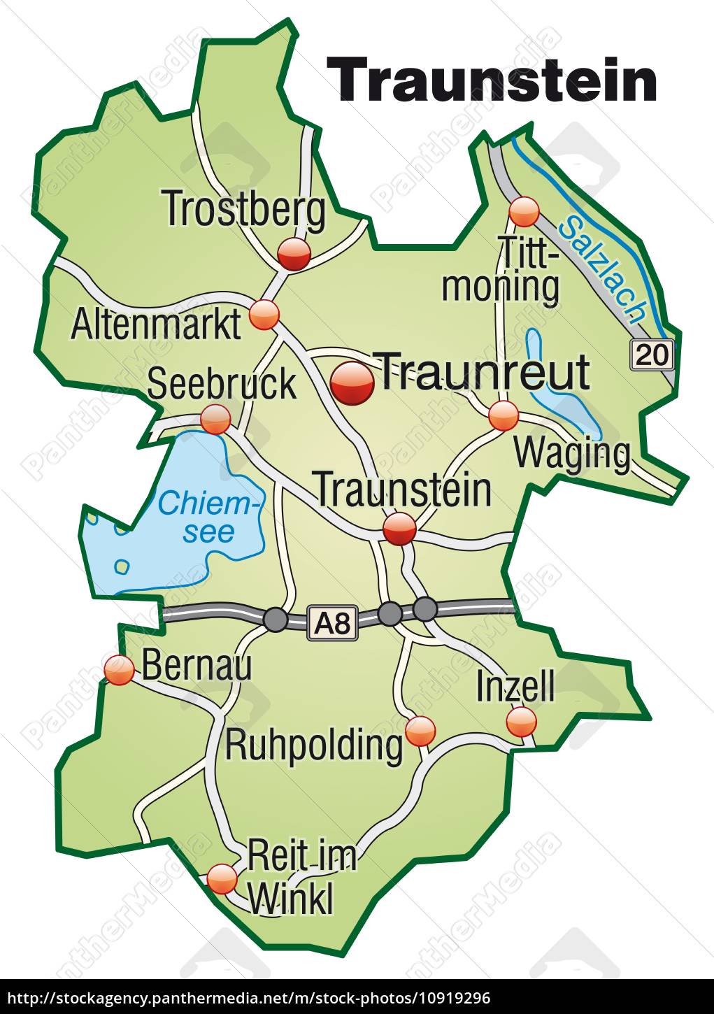 Karte von Traunstein mit Verkehrsnetz in Pastellgrün - Lizenzfreies