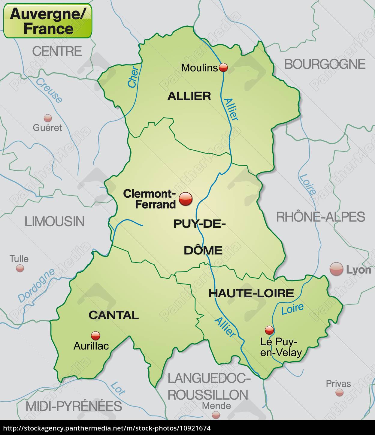 auvergne karte Karte von Auvergne mit Grenzen in Pastellgrün   Stockfoto 