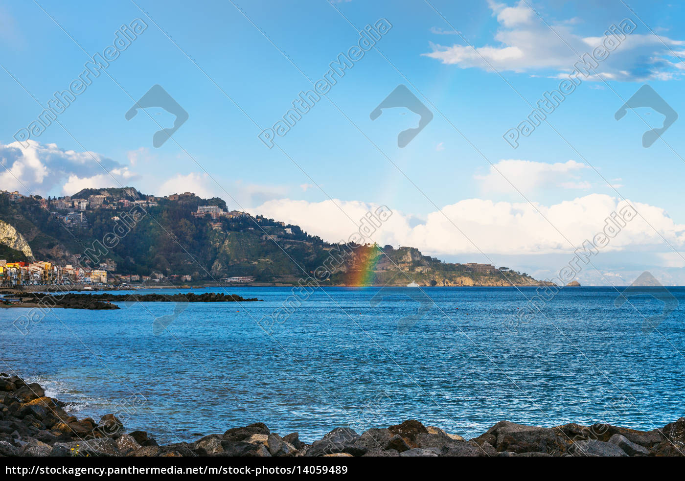 view of Giardini Naxos town cape and rainbow - Lizenzfreies Bild ...