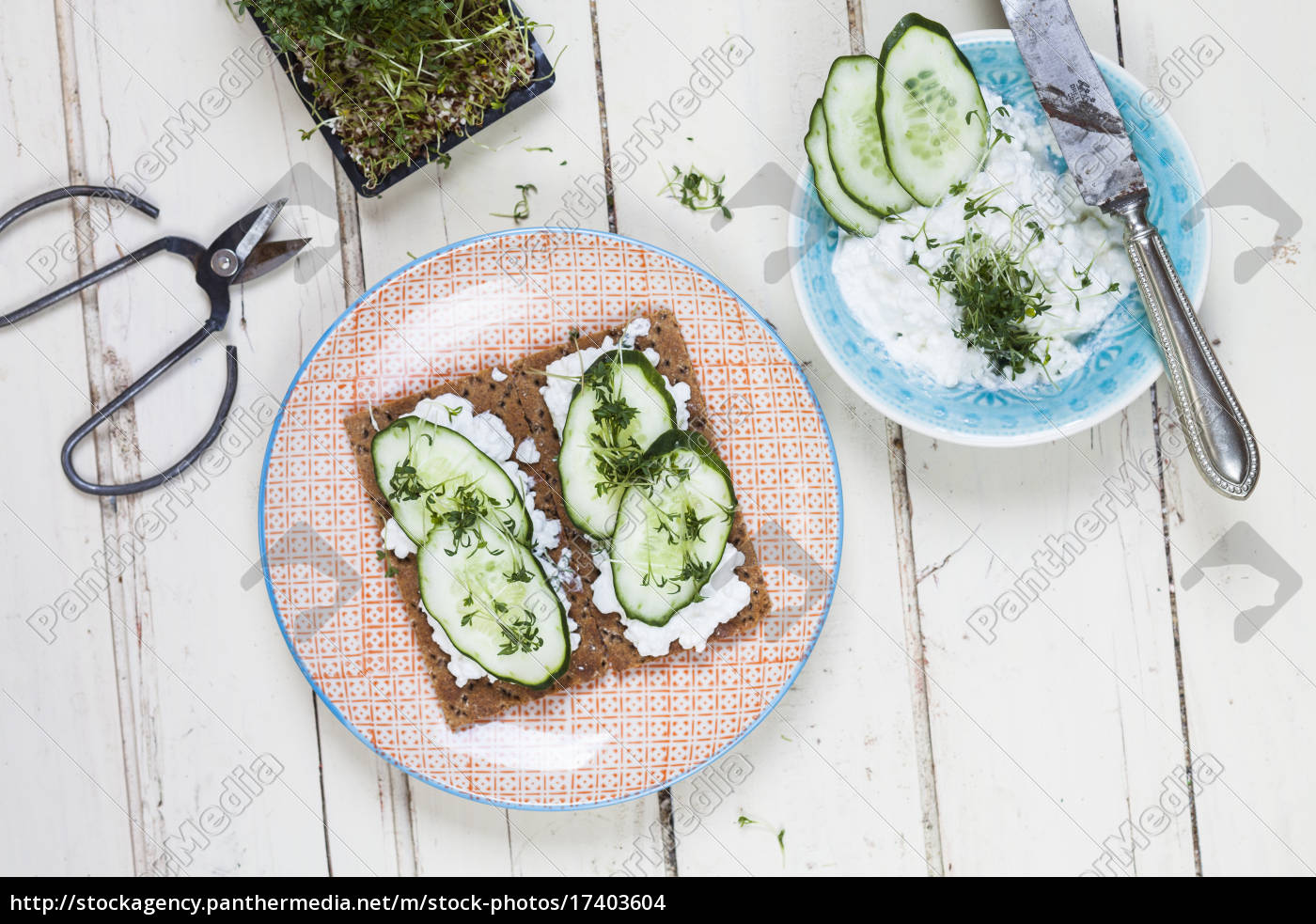 knäckebrot mit hüttenkäse gurkescheiben und kresse - Lizenzfreies Foto ...