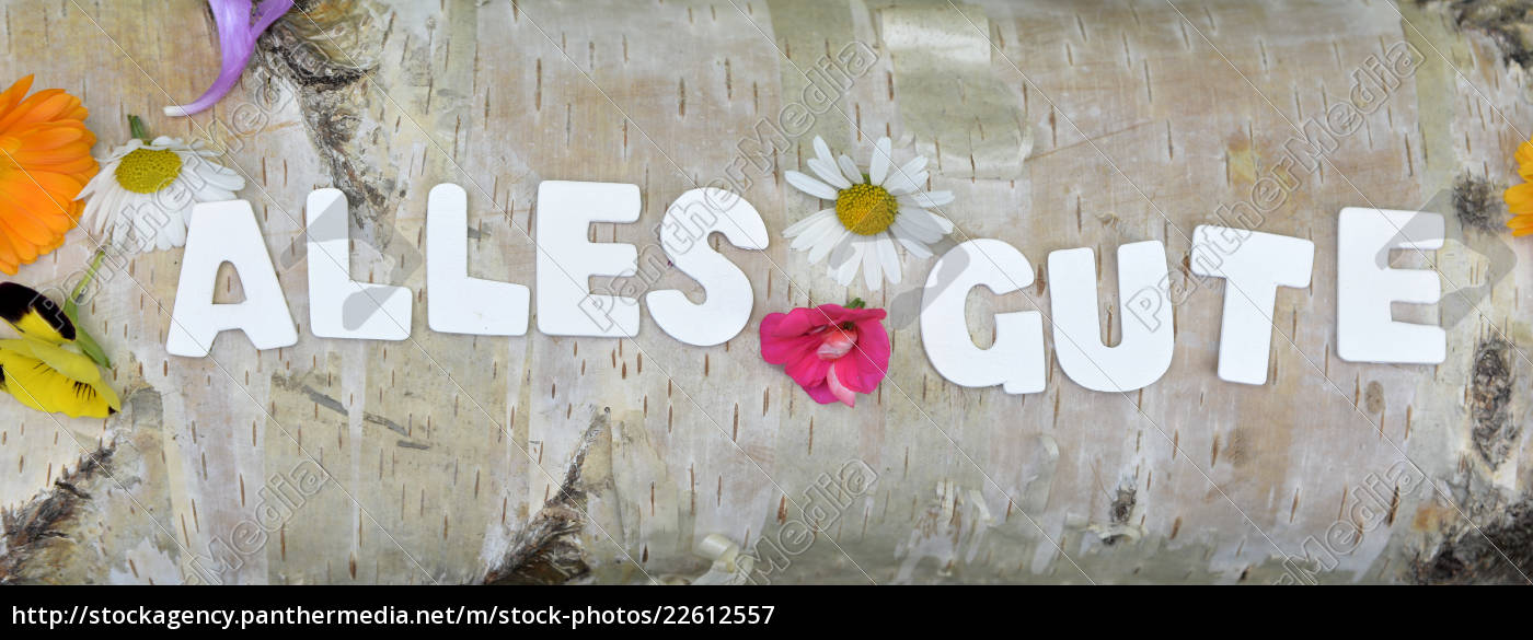 Alles Gute Text auf bunter Blumenwiese Buchstaben - Stockfoto