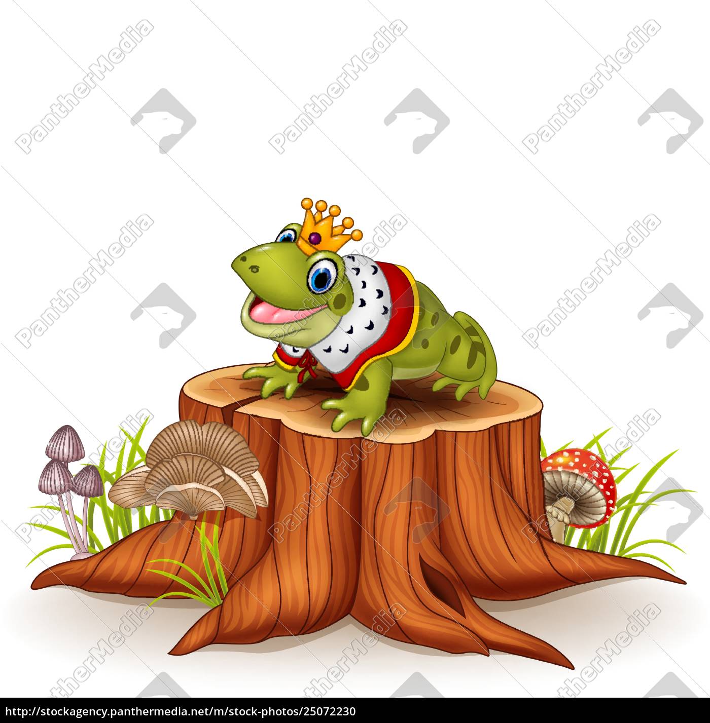 Cartoon Lustige Froschkonig Sitzt Auf Baumstumpf Stockfoto Bildagentur Panthermedia