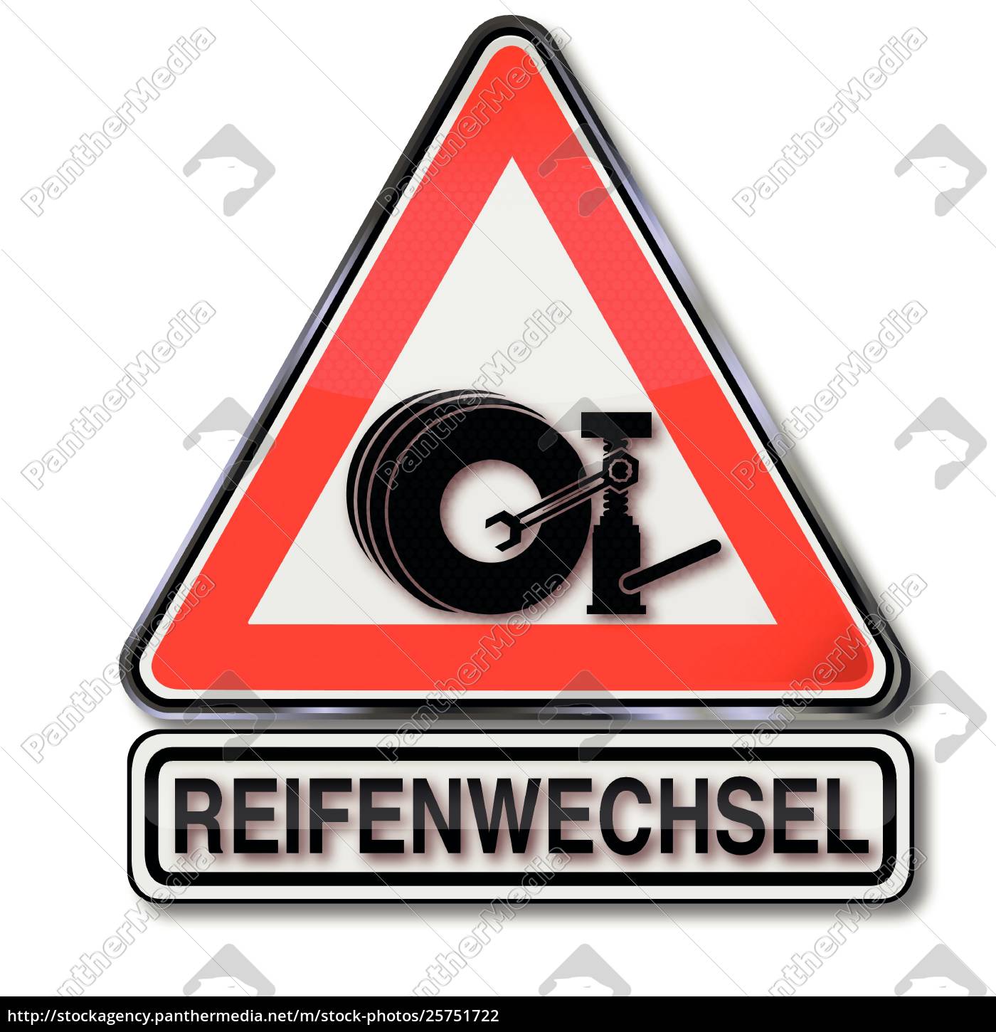 Schild mit Reifenpumpe Reifen und Reifenwechsel - Stock Photo #25751722