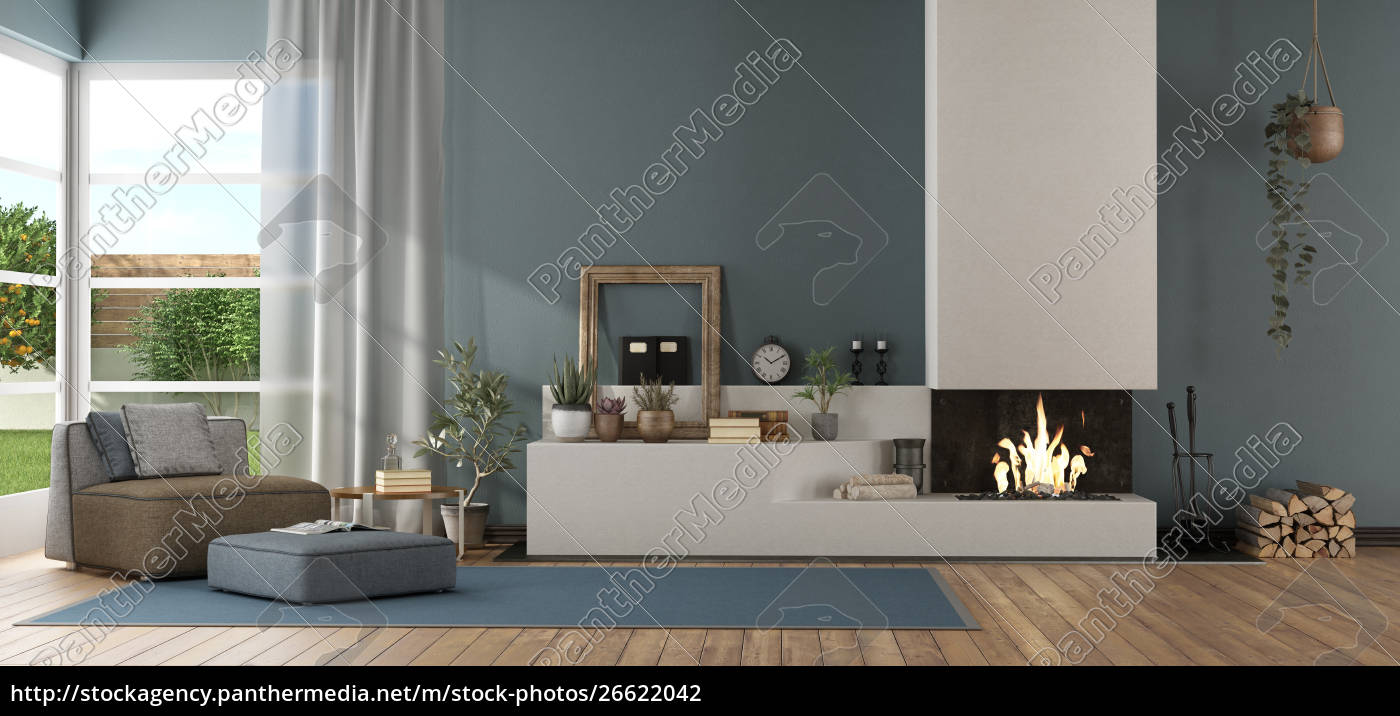 Stockfoto 26622042 Blue Modern Living Room With Fireplace