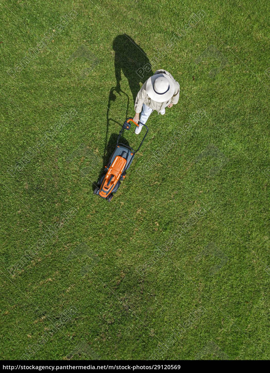 Frau mit Rasenmäher auf Gras stehend - Lizenzfreies Bild - #29120569