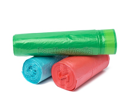 Stapel mehrfarbiger Einweg-Müllbeutel aus Polyethylen - Stockfoto #29905305